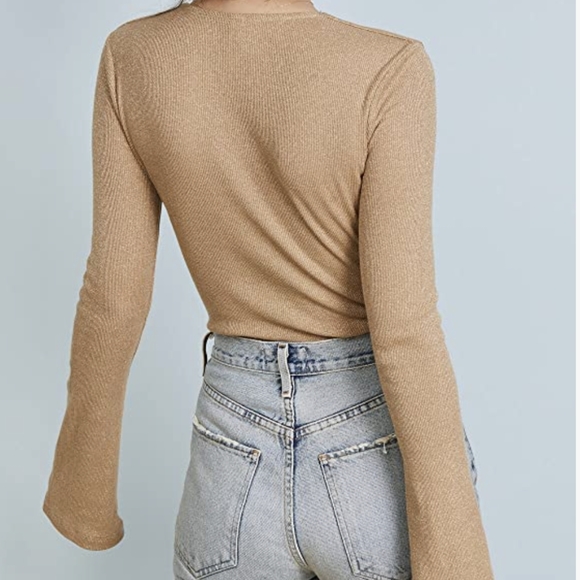 Bec & Bridge Glitter Gal Bodysuit, Deep Plunge Top, Deep V, Gold, NWT - Picture 6 of 8